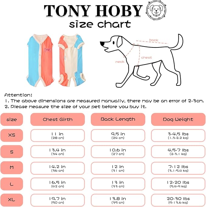 TONY HOBY Dog Pajamas, Female Dog Thermal Pajamas, Fashion Clashing Color Pet Clothes for Small Medium Dog (Blue&Orange, Girl, XS)