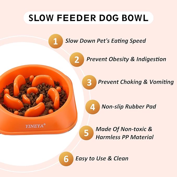 2Pcs Slow Feeder Dog Bowl Large Breed, Dog Slow Feeder Bowl, Dog Food Bowl Slow Feeder, Dog Bowl Slow Feeder, Dog Bowl That Slow Down Eating, Dog Puzzle Feeder, Slow Eating Dog Bowl Pink&Orange