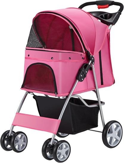 Pet Stroller 4 Wheels Dog Cat Stroller for Medium Small Dogs Cats, Folding Cat Jogger Stroller with Storage Basket & Breathable Mesh, Easy to Walk Travel Carrier, Pink