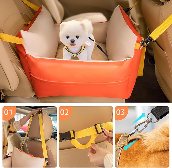 Dog Car Seat for Small Dogs Waterproof Travel Dog Bed for Car Backseat Pet Car Seat(Orange 25 lbs)