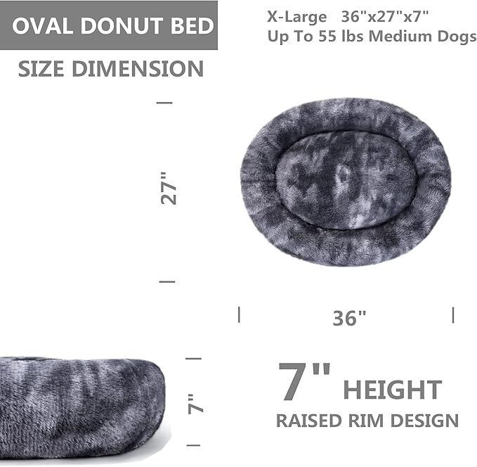 Oval Calming Donut Cuddler Dog Bed Bed(30"/36"/43") for (XL(36"x27"x7"), Grey2021)