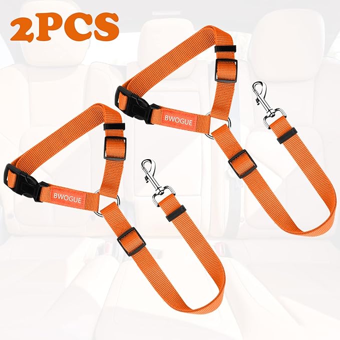 BWOGUE 2 Packs Dog Cat Safety Seat Belt Strap Car Headrest Restraint Adjustable Nylon Fabric Dog Restraints Vehicle Seatbelts Harness Orange