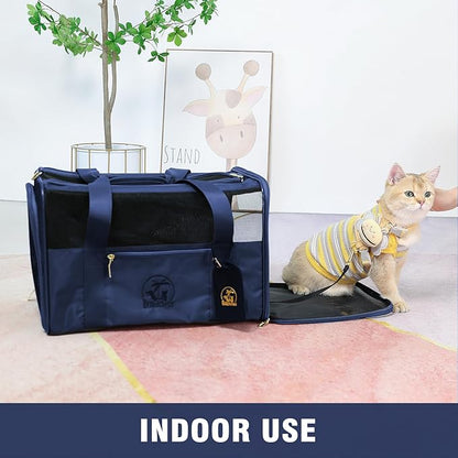 Luxury Pet Carrier for Dogs, Cats, Puppies - Airline TSA Approved, Durable Anti-Scratch Fabric, Soft-Sided, Consistent Airflow, Foldable Design, Cushion Pad, Travel (Navy Blue, Large)