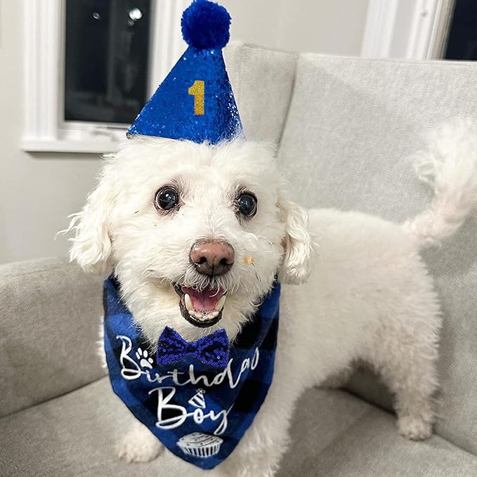 Dog Birthday Party Supplies, LMSHOWOWO Reusable Dog Birthday Bandana Set, Blingbling Dog Birthday Hat Bow Tie Numbers for Small Dogs Pets Birthday Decorations (Blue, Small)