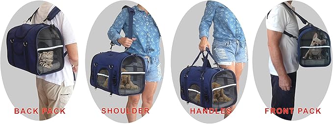 6-in-1 STURDY Pet Carrier Backpack, Front Pack, Shoulder Bag, Pet Hand Bag, Car Seat Crate, Soft-Sided pet Carrier, Small Dog & Cat Travel Carrier, Size Large for pets 18-21” Long, by Natuvalle.