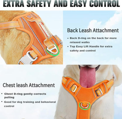 BARKBAY No Pull Dog Harness Large Step in Reflective Dog Harness with Front Clip and Easy Control Handle for Walking Training Running with ID tag Pocket(Orange