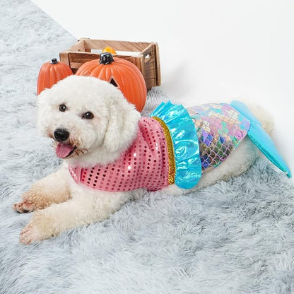 cyeollo Mermaid Dog Costume Halloween Dog Clothes with Sparkly Sequin Holiday Party Outfits Puppy Pet Costumes for Small Dogs Size XS