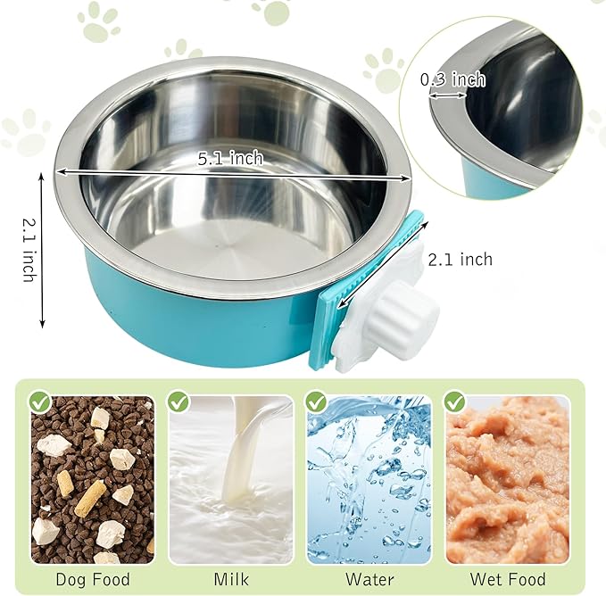 Tfwadmx 4 Pcs Crate Dog Bowl Cat Removable Stainless Steel Food and Water Feeder Hanging Cage Bowls Coop Cup with Cleaning Set for Pet Puppy Bird Rat Guinea Pig Ferret Bunny Rabbit (Light Blue&Green)