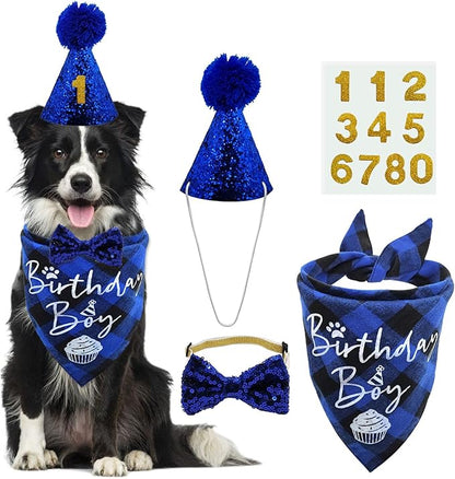 Dog Birthday Party Supplies, LMSHOWOWO Reusable Dog Birthday Bandana Set, Blingbling Dog Birthday Hat Bow Tie Numbers for Large Extra Large Dogs Pets Birthday Decorations (Blue, X-Large)