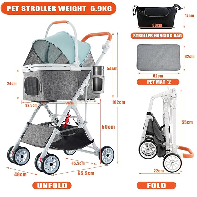 Pet Stroller 33 Lbs,Adjustable Handle,180˚ Convertible