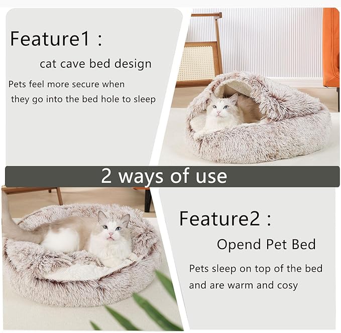 Cat Beds for Indoor Cats Cave & Calming Dog Beds 31inch, Coffee