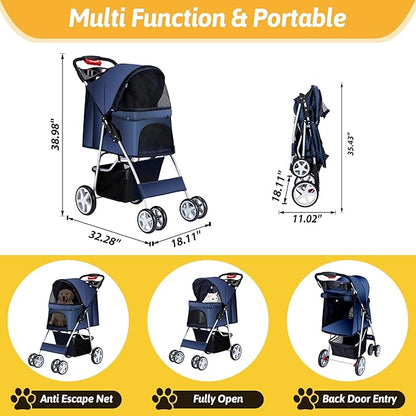 Pet Stroller 4 Wheels Dog Cat Stroller for Medium Small Dogs Cats, Folding Cat Jogger Stroller with Storage Basket & Breathable Mesh, Easy to Walk Travel Carrier, Navy Blue