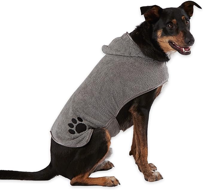 Bone Dry Pet Robe Collection, Embroidered Absorbent Microfiber Bath Robe with Adjustable Closure, for Dogs & Cats, Medium, Gray