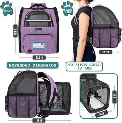 PetAmi Dog Cat Backpack Carrier, Expandable Pet Carrier Backpack for Travel Hiking, Small Medium Dog Puppy Large Cat Carrying Backpack, Airline Approved Ventilated Soft Back Support, 18 lbs, Purple