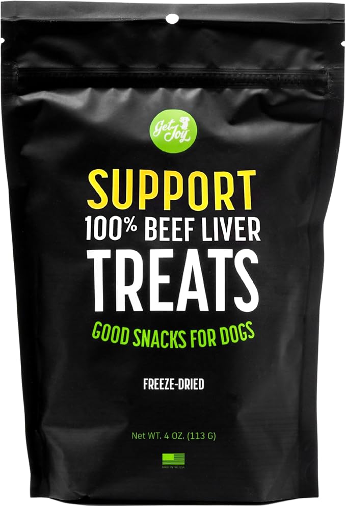 Get Joy Freeze Dried Superfood 100% Beef Liver Dog Treats, 4 Ounce Bag, Single Ingredient Organ Meat, High Protein, Vision, Skin & Coat Health, Muscle Repair, Grain Free, Gluten Free, Made in USA