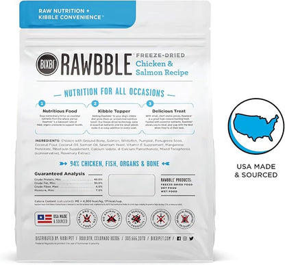 BIXBI Rawbble Freeze Dried Dog Food, Chicken & Salmon Recipe, 12 oz - 94% Meat and Organs, No Fillers - Pantry-Friendly Raw Dog Food for Meal, Treat or Food Topper - USA Made in Small Batches