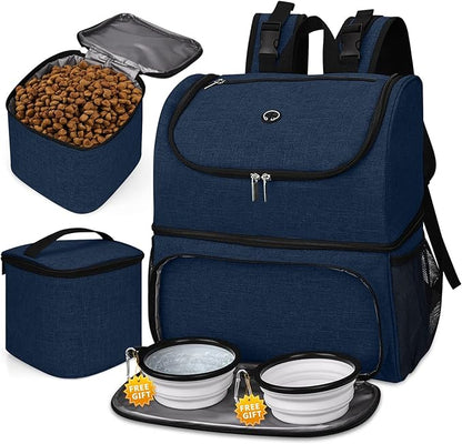 BAGLHER Pet Travel Bag, Double-Layer Pet Supplies Backpack (for All Pet Travel Supplies), Pet Travel Backpack with 2 Silicone Collapsible Bowls and 2 Food Baskets Dark Blue