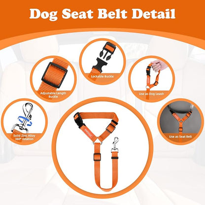 BWOGUE 2 Packs Dog Cat Safety Seat Belt Strap Car Headrest Restraint Adjustable Nylon Fabric Dog Restraints Vehicle Seatbelts Harness Orange