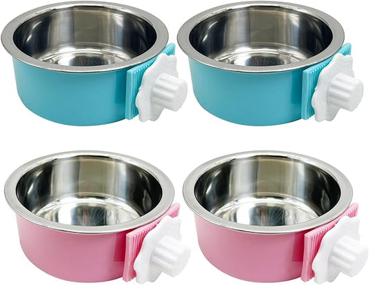 Tfwadmx 4 Pcs Crate Dog Bowl Cat Removable Stainless Steel Food and Water Feeder Hanging Cage Bowls Coop Cup with Cleaning Set for Pet Puppy Bird Rat Guinea Pig Ferret Bunny Rabbit (Light Blue, Pink)