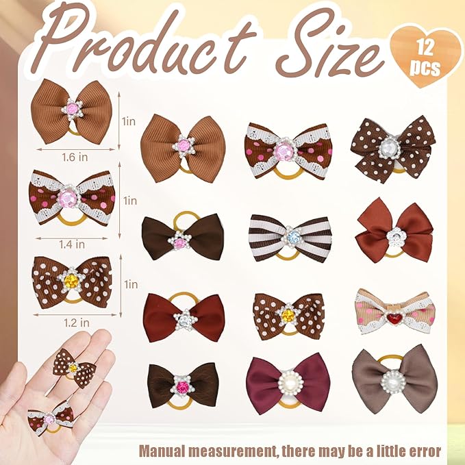 12 Pcs Small Dog Hair Bows with Rubber Bands Bowknot Dog Hair Accessories for Puppy Kitten (Brown)
