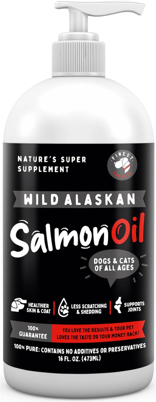 Pure Wild Alaskan Salmon Oil for Dogs & Cats 16oz - Relieves Scratching & Joint Pain, Improves Skin, Coat, Immune & Heart Health. All Natural Omega 3 Liquid Supplement for Pets, EPA + DHA Fatty Acids