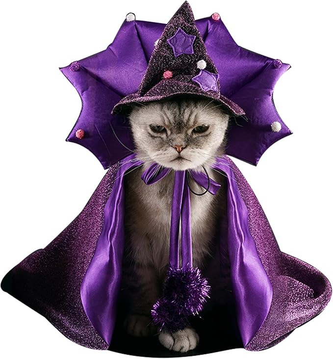 ABLAZEZAI Pet Halloween Costumes, Cat Vampire Cloak with Hat, Dog Cosplay Wizard Hat Cape Suit, Halloween Party Clothes Outfit for Small Medium Large Cats Dogs