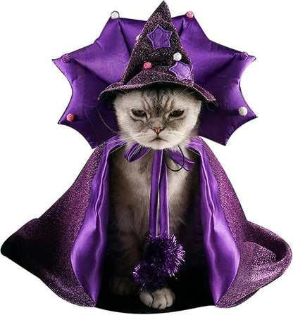 ABLAZEZAI Pet Halloween Costumes, Cat Vampire Cloak with Hat, Dog Cosplay Wizard Hat Cape Suit, Halloween Party Clothes Outfit for Small Medium Large Cats Dogs