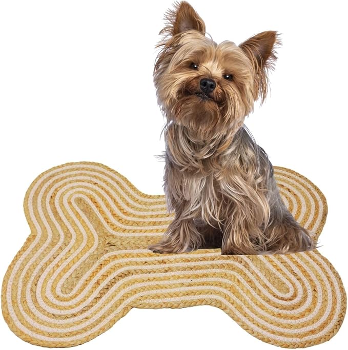 16.5"X21" Jute Cotton Bone Shaped Feeding Mat Dog Cat Bowl Mat Handmade Indoor Rug Door Mats for Entrance Back Door Natural Handmade Dog Placemat (Dog Chew
