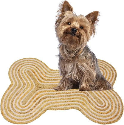 16.5"X21" Jute Cotton Bone Shaped Feeding Mat Dog Cat Bowl Mat Handmade Indoor Rug Door Mats for Entrance Back Door Natural Handmade Dog Placemat (Dog Chew