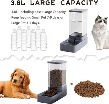 Automatic Cat Feeder and Water Dispenser with Pet Food Bowl,Gravity Food Feeder and Waterer Dispenser in Set for Small Medium Dog Puppy Kitten Rabbit Bunny Large Capacity(3.8L x 2)