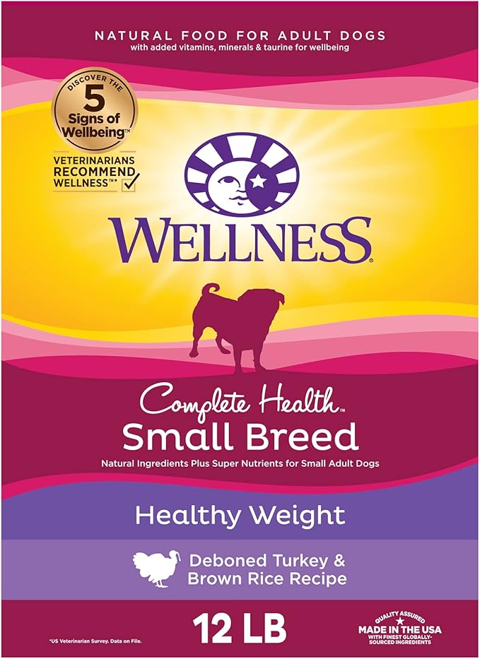 Wellness Complete Health Small Breed Dry Dog Food With Grains, Made In USA with Real Turkey and Natural Ingredients, For Dogs Up To 25 lbs, Healthy Weight, 12 Pound Bag