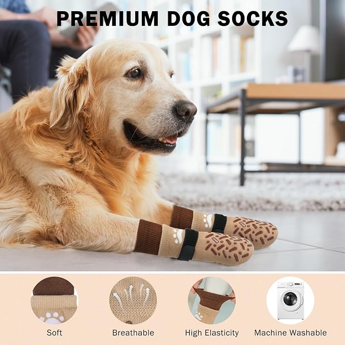 SCENEREAL Dog Socks to Prevent Licking Paws for Hot Pavement, Anti Slip Long Dog Grip Socks for Hardwood Floors, Dog Shoes Booties&Paw Protector for Small Medium Large Senior Dog, Pet Socks for Wounds