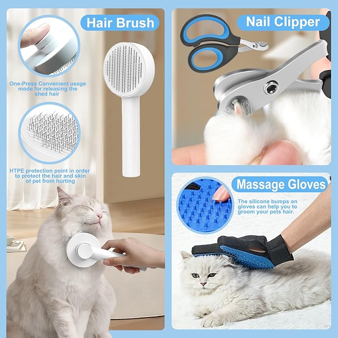 Pet Carrier Bag Soft-Sided & Portable Cat Travel Litter Box, 15pcs Cat Stuffs Included in Cat Travel Carrier Kit, Pet Nail Clipper, Brush, Bowls, Harness and Leash, Collar, Gloves, Catnip Toys