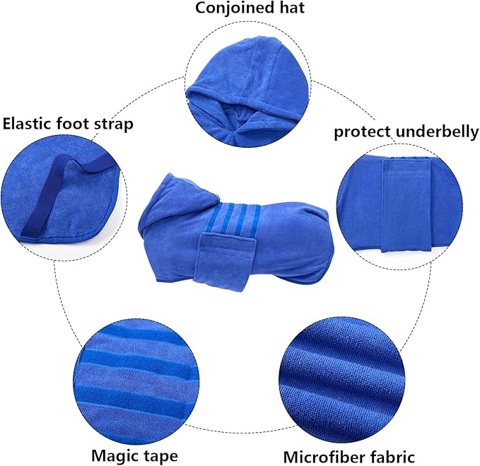 Geyecete Dog Drying Coats with Hood-Dog Towels Absorbent Robe Dry Fast Dog Bag-Dog Bathrobe Towel-Microfibre Fast Drying Super Absorbent-Blue-M