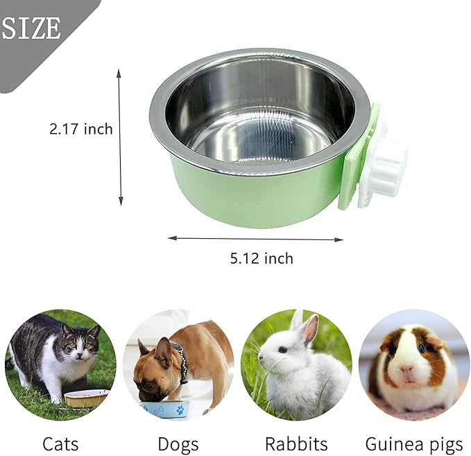 Tfwadmx Crate Dog Bowl Cat Removable Stainless Steel Food and Water Feeder Hanging Cage Bowls Coop Cup with Cleaning Set for Pet Puppy Bird Rat Guinea Pig Ferret Bunny Rabbit 2Pcs