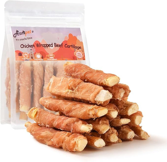 ASMPET Dog Treats Chicken Wrapped Beef Cartilage Dog Treats Long Lasting High Calcium Chewy Dog Soft Bone Non-Rawhide Puppy Treat Twist Sticks Rich in Protein for Small Medium Large Dogs