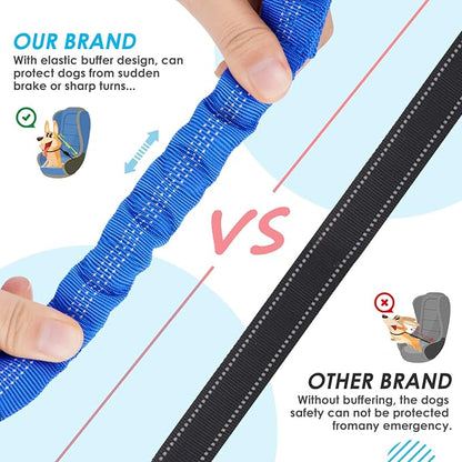 SlowTon Dog Seat Belt, Double Dog Seatbelt Adjustable Vehicle Safety Leash with Elastic Bungee Buffer, Reflective No Tangle Y Shape Two Dog Harness Seat Belt Splitter for Pets Car Trip (Light Blue, S)