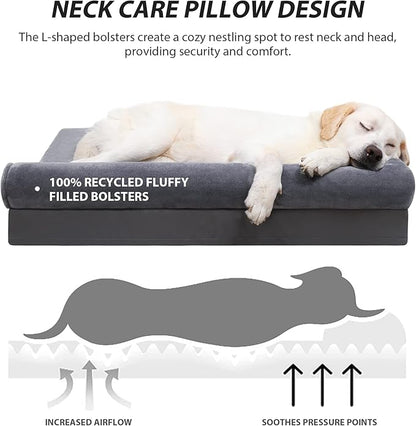 KSIIA Orthopedic Dog Bed Waterproof Dog Beds for Large Dogs Flannel Bolster Dog Couch Bed with Egg Crate Foam Removable Washable Cover & Nonskid Bottom 40 x 32 Inch,