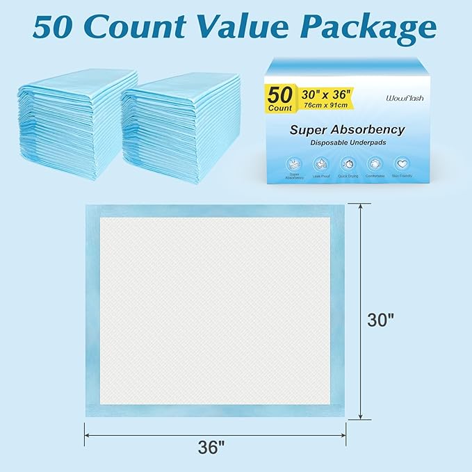 50 Count 30” x 36” Super Absorbency Disposable Underpads, Leakproof Quick Drying, Baby Puppy & Adults Bed Pads Disposable Adults, Dog Pee Pads Extra Large, XXL Incontinence Pads