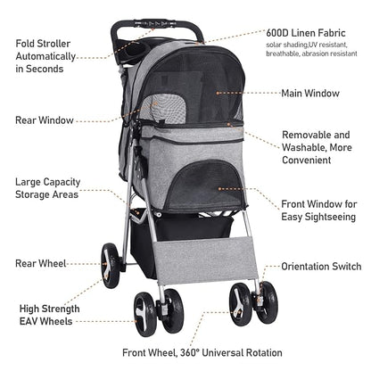 Pet Stroller for Medium Small Dogs Foldable 4 33lbs Capacity