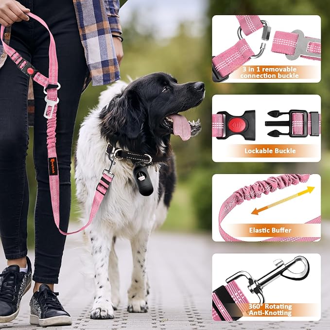 Removable Dog Seat Belts Harness for Car, 3 in 1 Pet Dog Car Seatbelt Leash, laqibak Restraint Secures to Headrest and Reflective Effect Adjustable Bungee Dog Seatbelt Tether, 2PCS and Poop Bag Holder