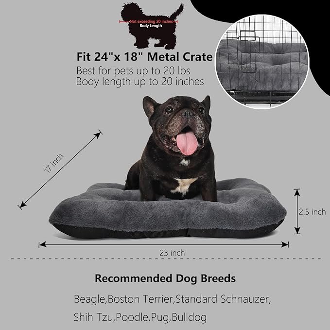 24 inch Dog Bed for Crate Washable Extra Soft Small Dog Bed Pillow with Zipper fit Small Breed Pets,Crate pad 24 x 18 inch with Anti-Slip Bottom Helps Ease Pet Anxiety,Dark Gray