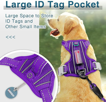 BARKBAY Dog Harness No Pull with ID Tag Pocket - Heavy Duty, Reflective, Easy Control for Large Dogs (Purple,L)