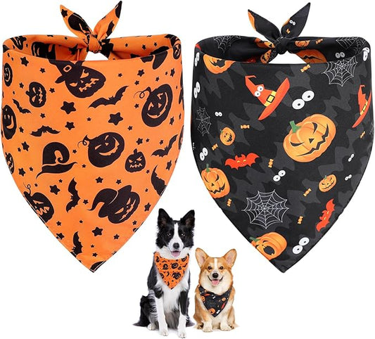 Vivifying Halloween Dog Bandanas 2 Pack, Sorceress Hat and Pumpkins Halloween Accessories for Pets, Dog Scarf Costume for Trick-or-Treating, Photo Prop, and Party Decor (Large, Orange & Black)