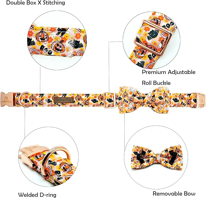 Lionheart glory Halloween Dog Collar with Bowtie Fall Pumpkin Ghost Cat Print Dog Collars Bow Tie Heavy Soft Adjustable Collar for Small Dogs Dog Bow Collar Holiday Pet Gift