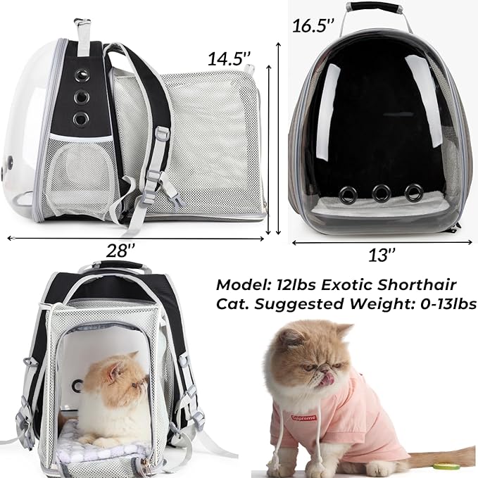 Lollimeow Cat Carrier Backpack, Bubble Expandable Backpack Carrier, Pets and Small Dogs,Airline-Approved, Designed for Travel, Hiking, Walking & Outdoor Use (Square Expandable-Black)