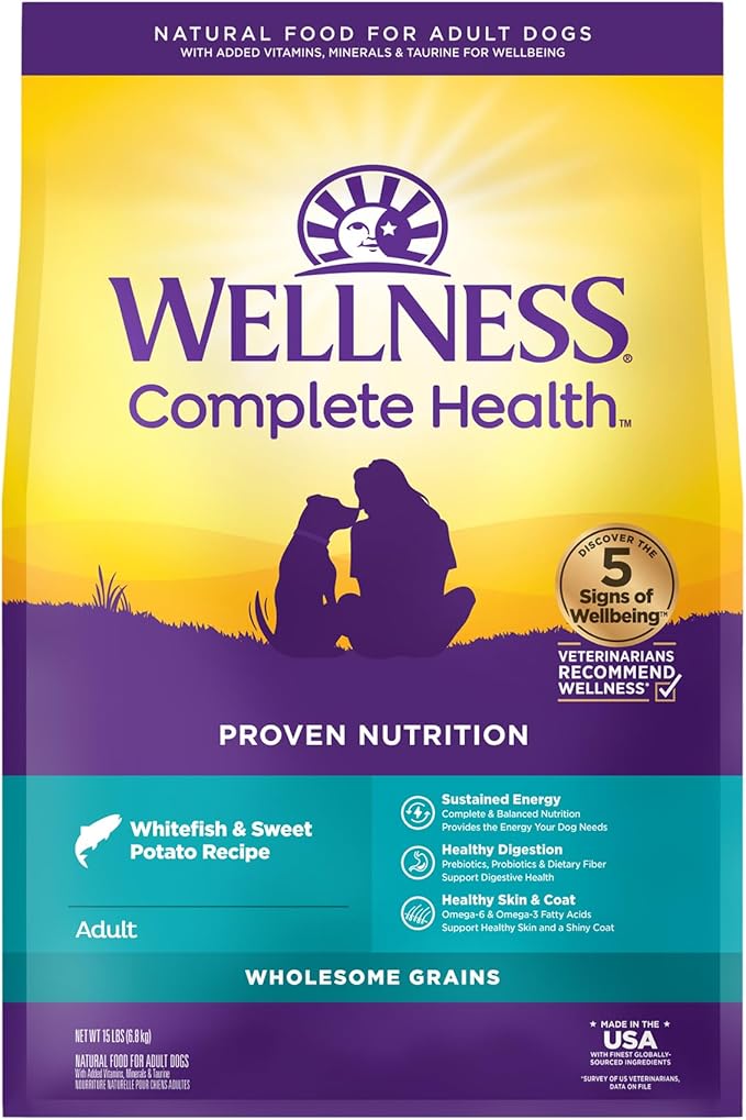 Wellness Complete Health Dry Dog Food with Grains, Natural Ingredients, Made in USA with Real Meat, All Breeds, For Adult Dogs (Whitefish & Sweet Potato, 15-Pound Bag)