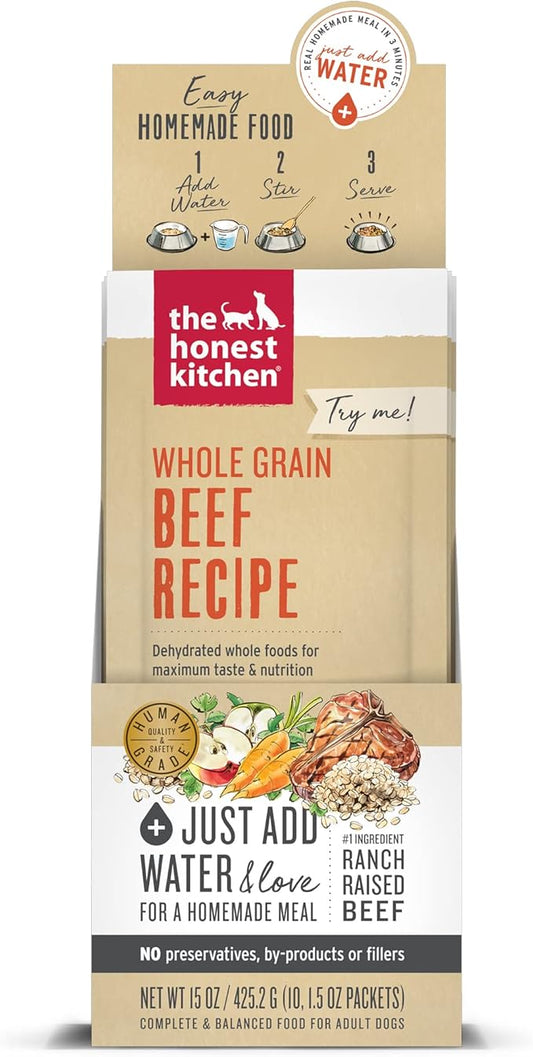 The Honest Kitchen Human Grade Dehydrated Whole Grain Dog Food – Complete Meal or Dog Food Topper – Beef 10-Pack of 1.5 oz Sachets