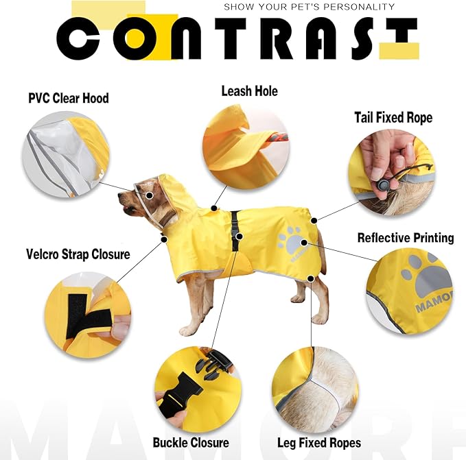 MAMORE Dog Raincoat Hooded Rain Jacket for Small Medium Large Dogs Slicker Poncho Bottom Waterproof Adjustable Reflective Breathable Leash Hole (Yellow, Large)