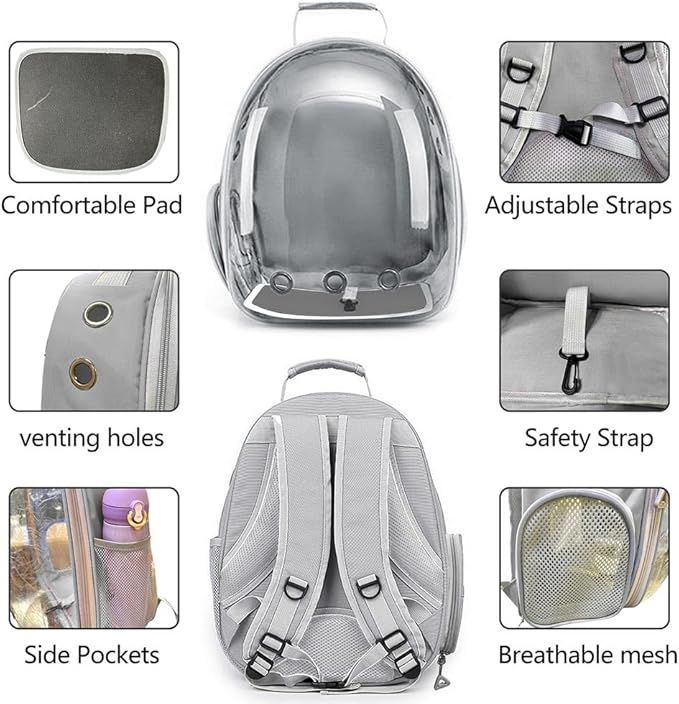 Pet Backpack Carrier with Harness Backpack with Bubble Clear Front for Cats, Small Dogs, Bunnies etc with Harness Included, Pet Carrier for Traveling, Walking, Hiking and Outdoor Activities